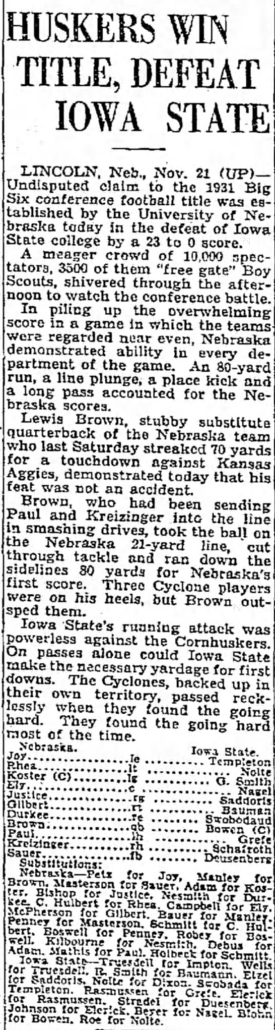 1931 Nebraska-Iowa State football, UP - 