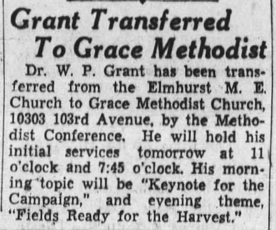 W.P. Grant transferred to Grace Methodist Church - 