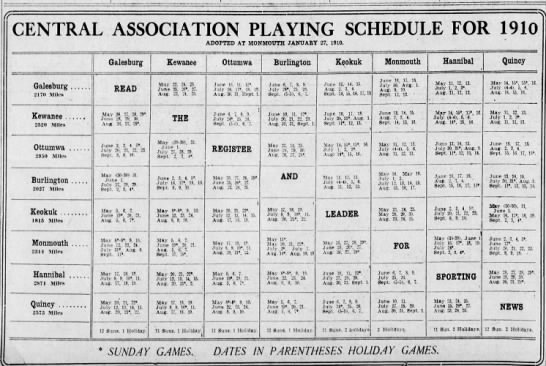 1910 Central Association schedule - 