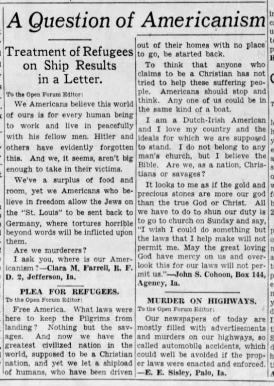 A Question of Americanism: Treatment of Refugees on Ship Results in a Letter - 