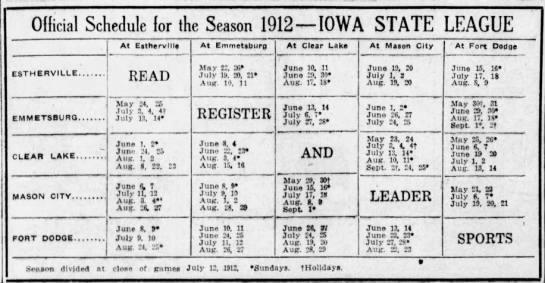 1912 Iowa State League schedule - 
