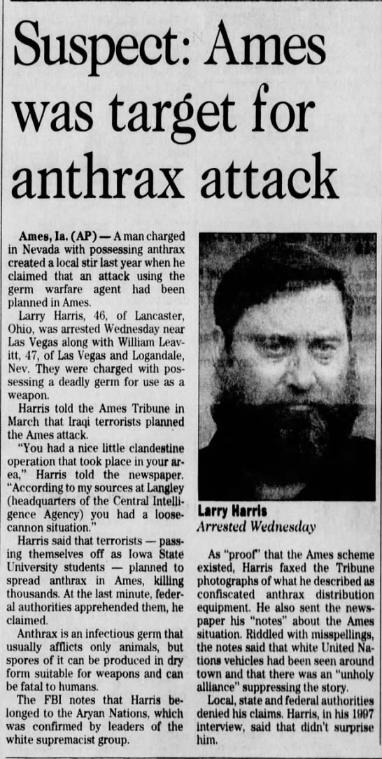 Pre-9/11 Terrorism, Anthrax, Larry Harris, Biological Weapons - 