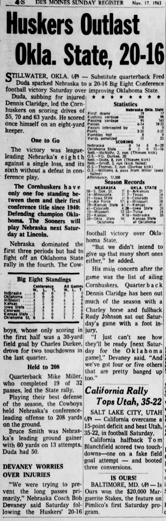 1963 Nebraska-Oklahoma State football AP - 