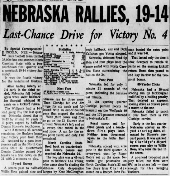 1962 Nebraska-NC State, Des Moines Register - 