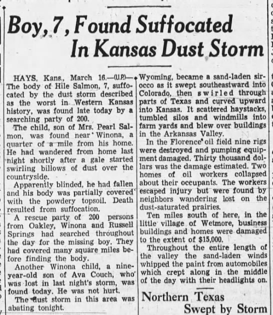 "Boy, 7, Found Suffocated in Kansas Dust Storm" - 
