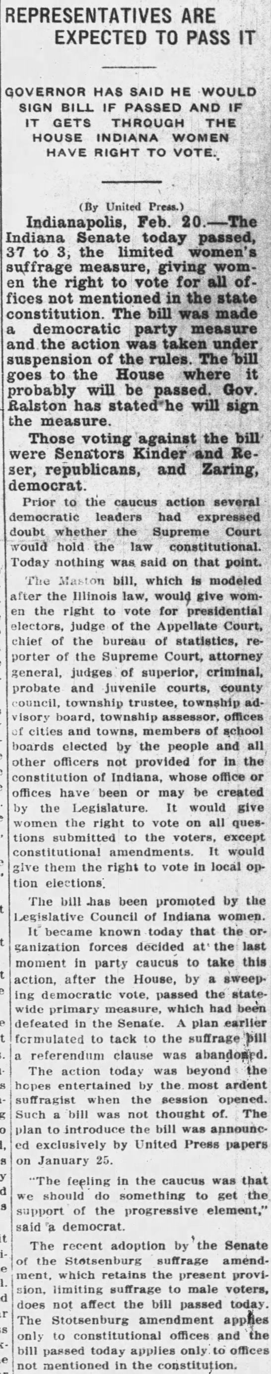 Indiana women are expected to get limited right to vote, 1915 - 