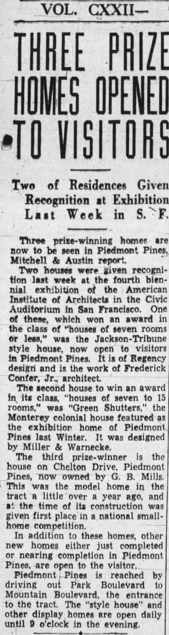 Piedmont Pine Homes win awards - May 12 1935 - 