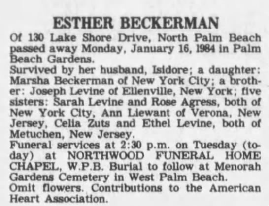 Obituary for ESTHER BECKERMAN - 