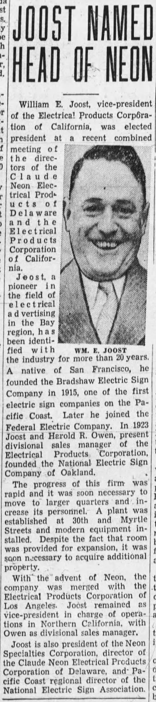 William Joost -- one of the founders of National Electric Sign Co. - 