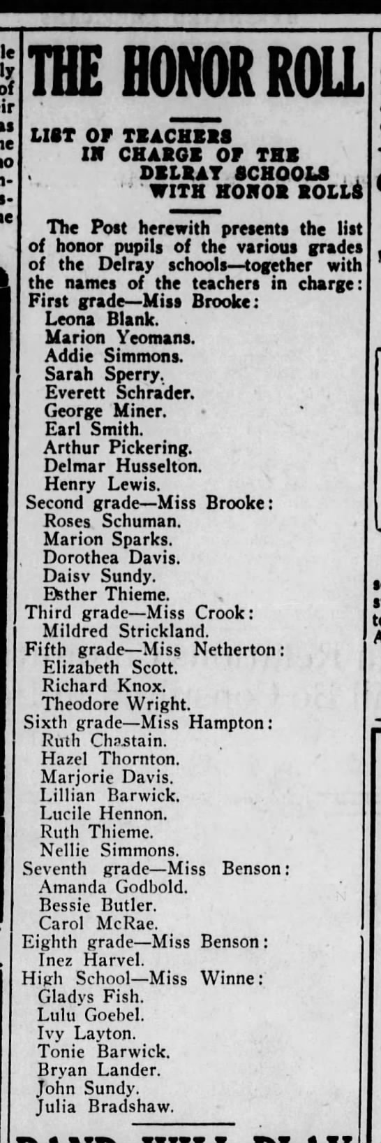Honor roll students, 1916 - 
