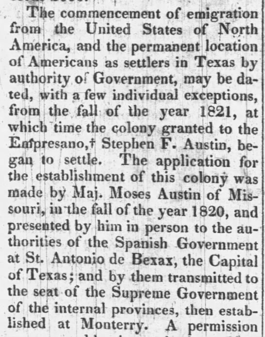 Moses Austin makes an application with the Spanish government to bring settlers to Texas - 
