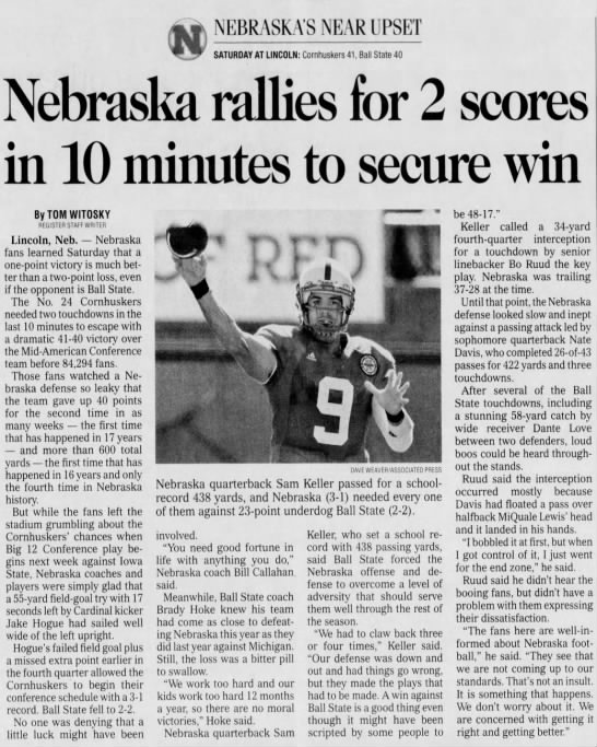 2007 Nebraska vs. Ball State football, DMR - 