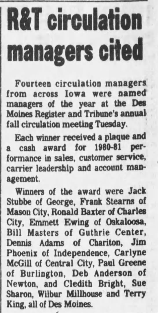 Millhouse Manager of Year 8/19/81 - 