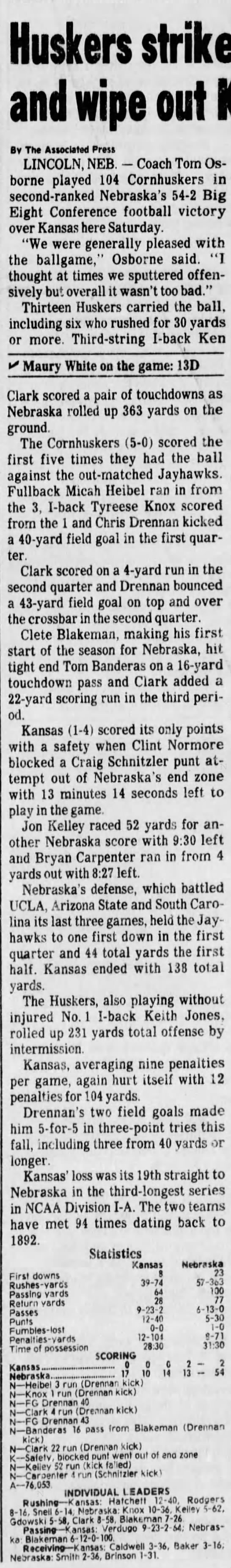 1987 Nebraska-Kansas football AP - 