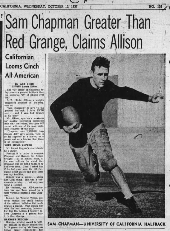 Sam Chapman Greater Than Red Grange, Claims Allison - 