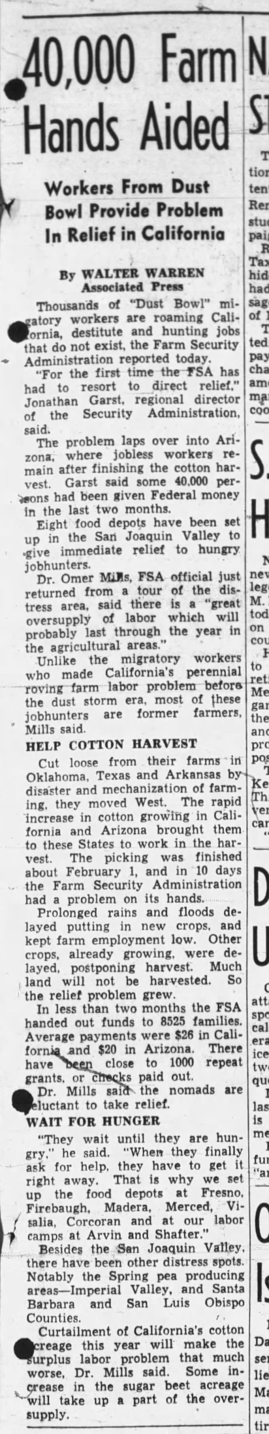 "Workers from Dust Bowl Provide Problem in Relief in California" - 