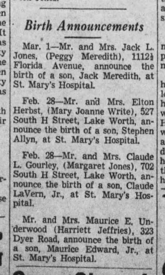 Birth announcements, 1942 - 