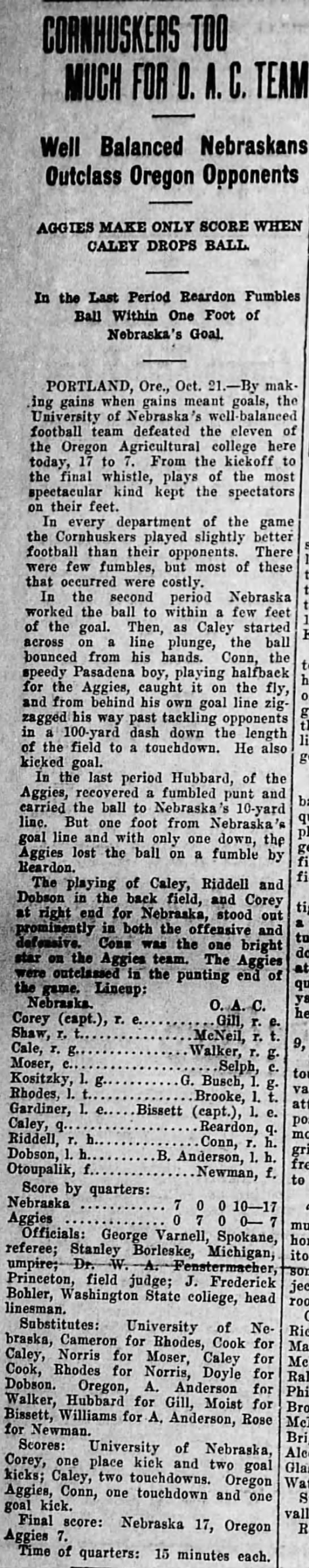 1916 Nebraska-Oregon State football, Eugene Register - 