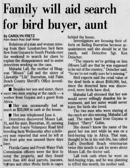 FAMILY WILL AID SEARCH FOR BIRD BUYER, AUNT June 20th 1994 - 