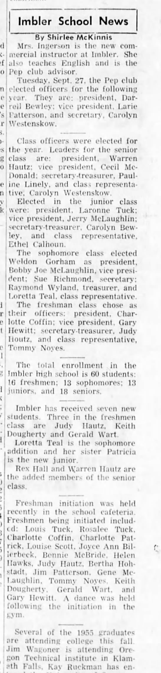 Imbler school news Helen Hawks freshman initiation 10/4/1955 ...