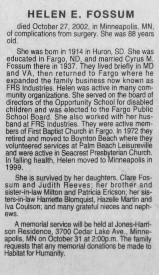 Obituary for HELEN E. FOSSUM, 1914-2002 (Aged 88) - 