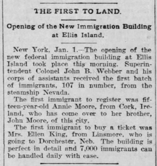 Newspaper article about the first group of 107 immigrants to arrive at Ellis Island - 