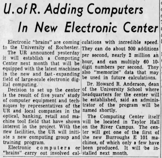 U. of R. Adding Computers in New Electronic Center - 