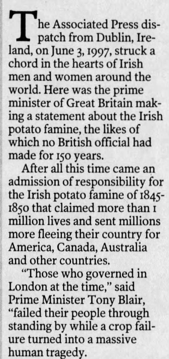 Britain apologizes for Irish potato famine - 
