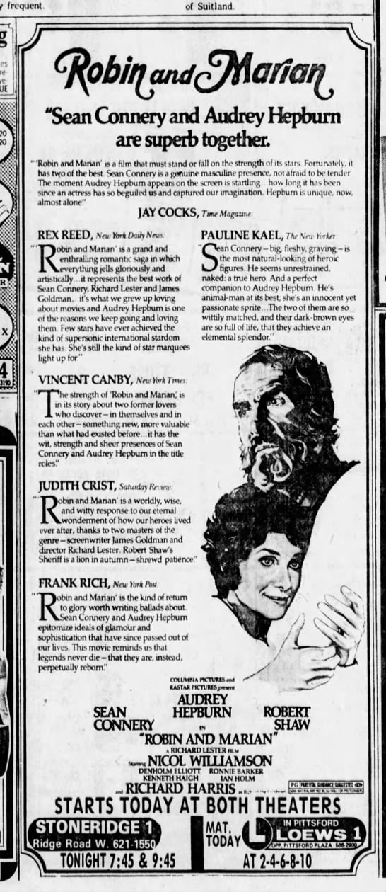 Advertisement with accompanying reviews of Hepburn and Connery’s “Robin and Marian” - 