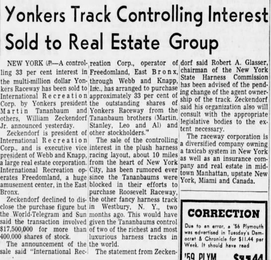 Yonkers Track Controlling Interest Sold to Real Estate Group - 