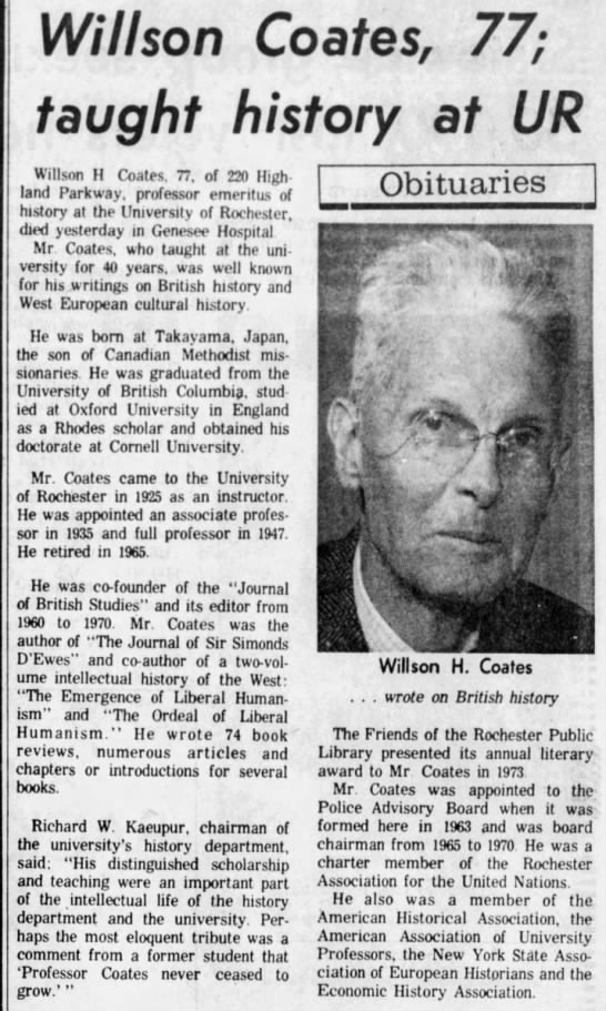 Wilson Coates, 77: taught history at UR - 