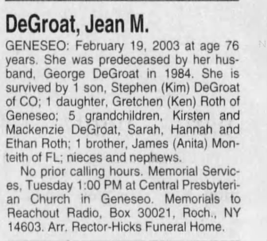 Obituary for Jean M. DeGroat (Aged 76) - 