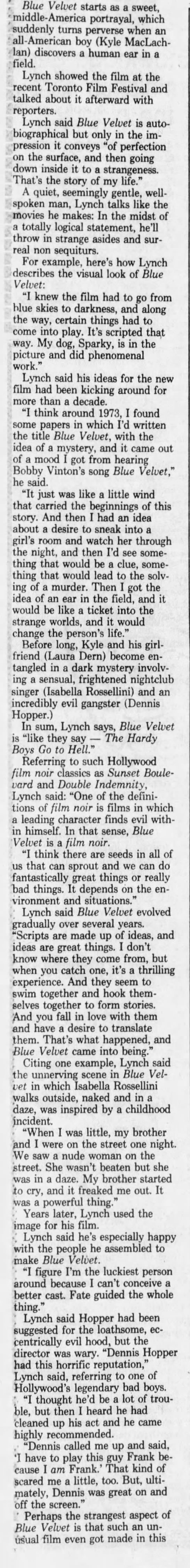 Lynch’s inspiration for Blue Velvet - 