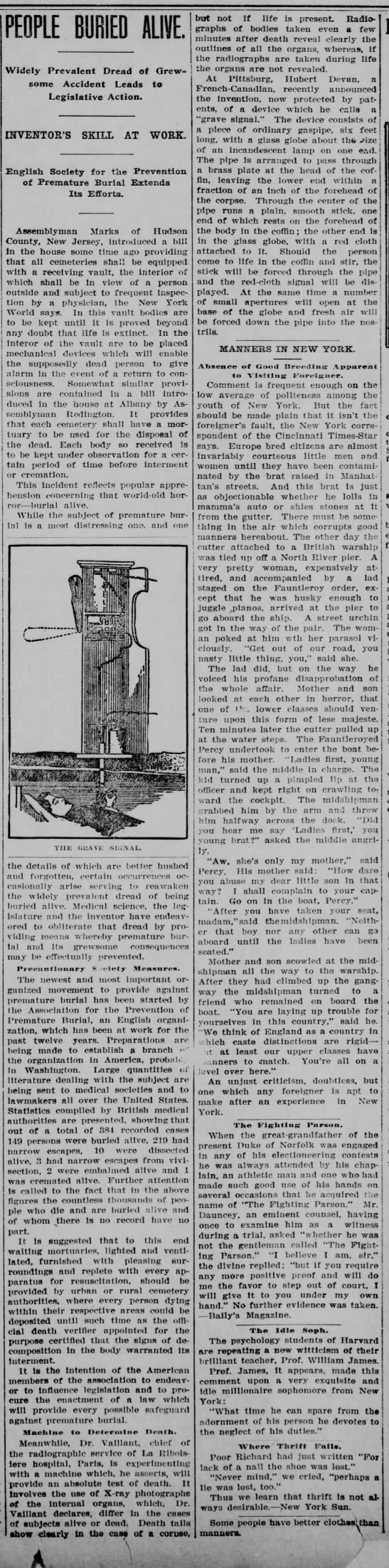 "Grave signal" safety coffin design, 1909 - 