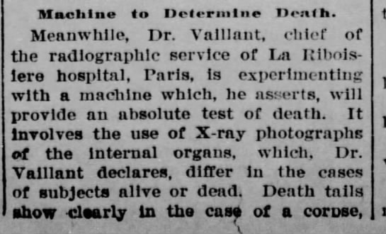 X-ray suggested as a test of death (1909) - 