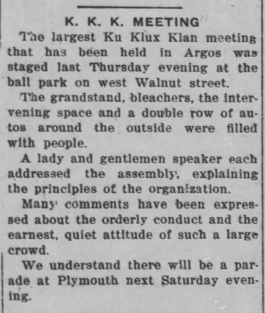 Ku Klux Klan meeting in Argos, Indiana, June 21, 1923. - 