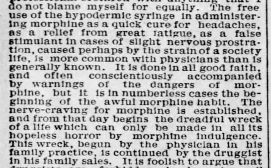 A doctor discusses the role of doctors and druggists in opioid addiction, 1892 - 