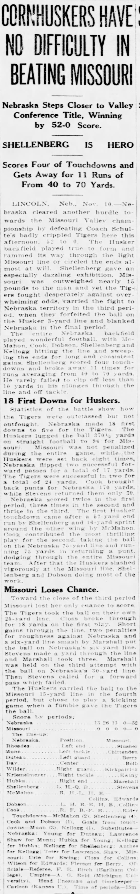 1917 Nebraska-Missouri, St. Louis paper - 
