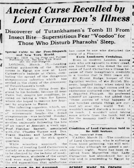Ancient Curse Recalled by Lord Carnarvon's Illness - 