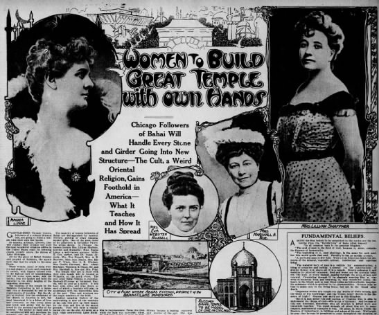 part of article on early women Baha'is, effort to build Baha'i Temple - 