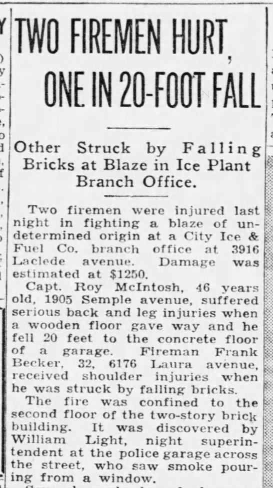 Two firemen hurt, one in 20-foot fall. Frank Becker received shoulder injuries from falling bricks. - 