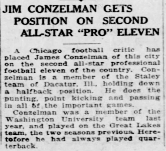 Jim Conzelman Gets Position on Second All-Star "Pro" Eleven - 