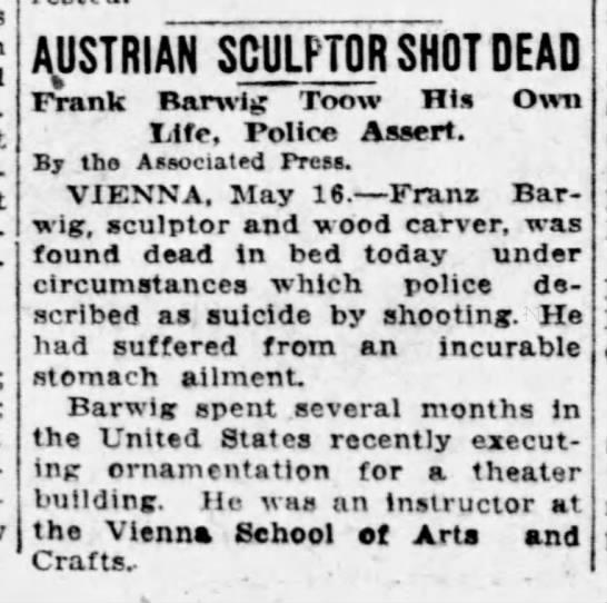 Barwig, Franz 16 may 1931 suicide. Vienna School of Fine Arts; Mar-A-Lago, United States Theater - 