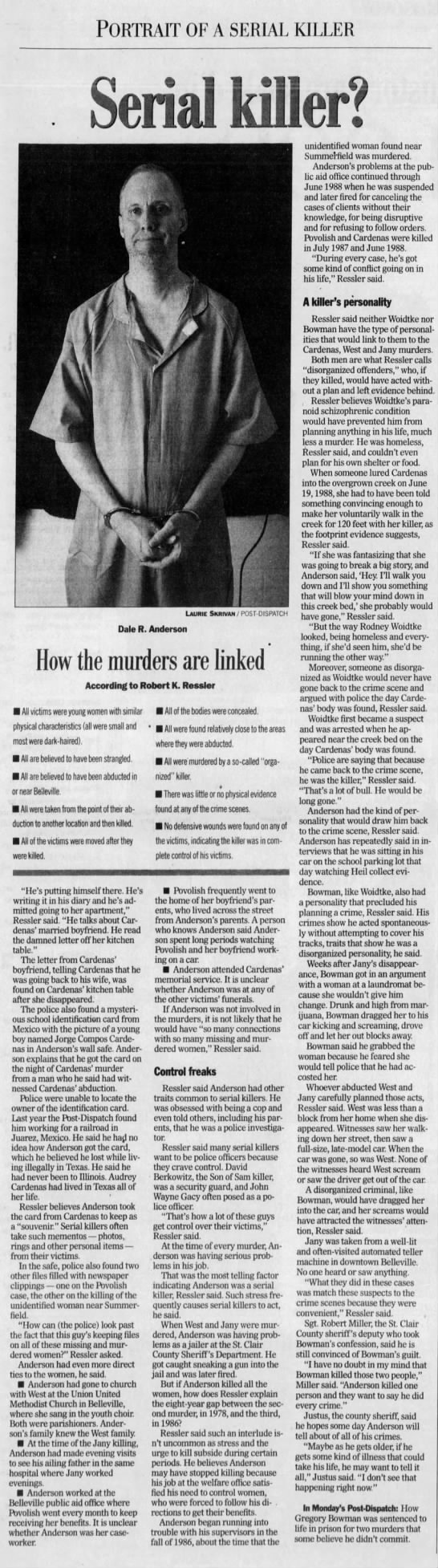 Dale R. Anderson Serial Killer Belleville Illinois. Profiled by Robert K. Ressler. - 