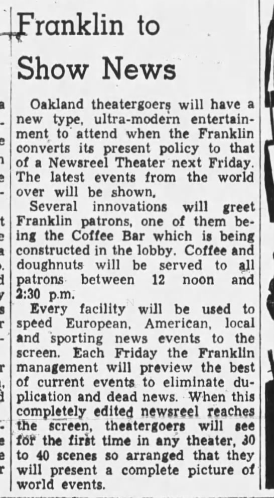 Frankin to Show News - Oakland Tribune October 17, 1939 - 