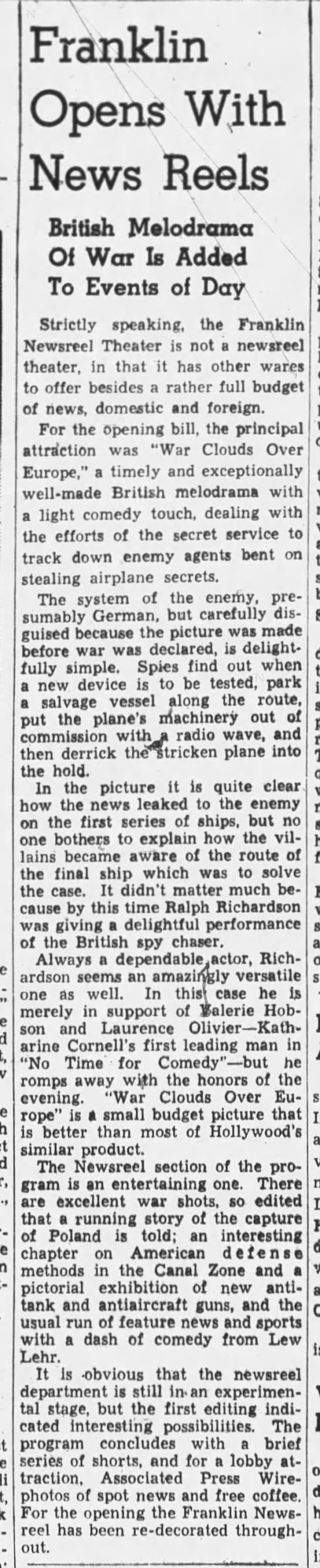Franklin Opens with Newsreels - Oakland Tribune October 23, 1939 - 