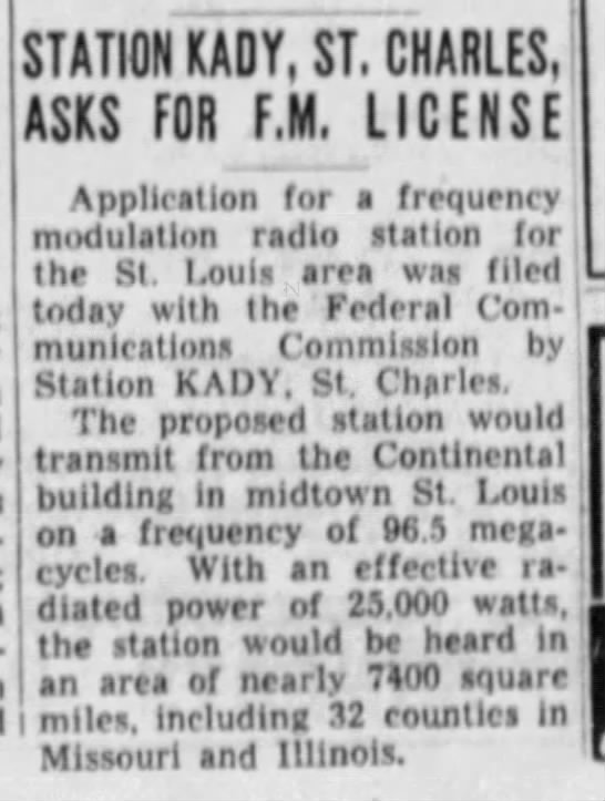 Station KADY, St. Charles, Asks For F.M. License - 