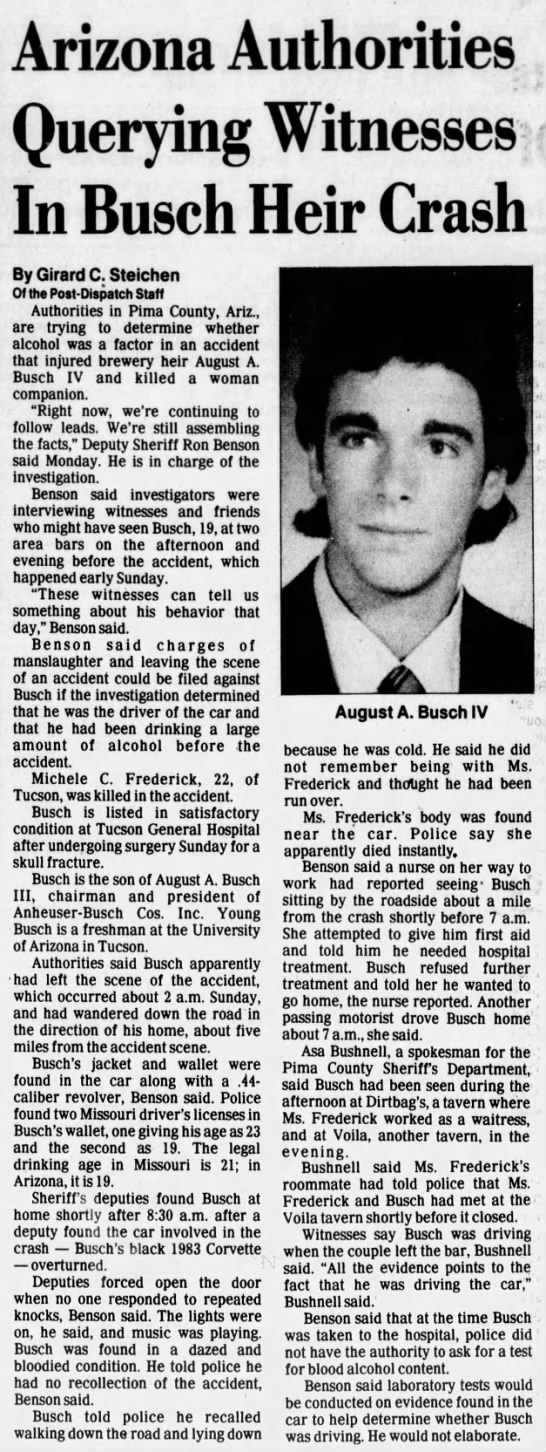 Nov. 13, 1983: Woman dies after August Busch IV crashes his new Corvette. - 
