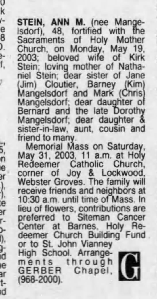 Stein, Ann Mangelsdorf, 48 Obituary - 