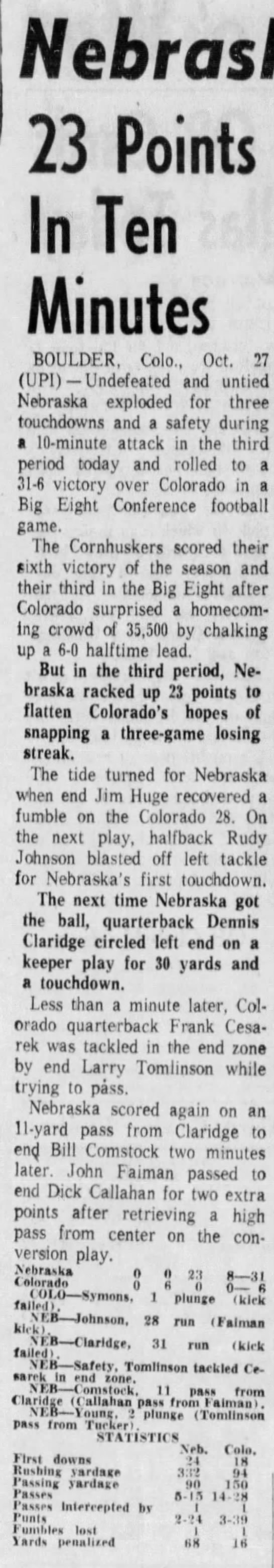 1962 Nebraska-Colorado UPI - 